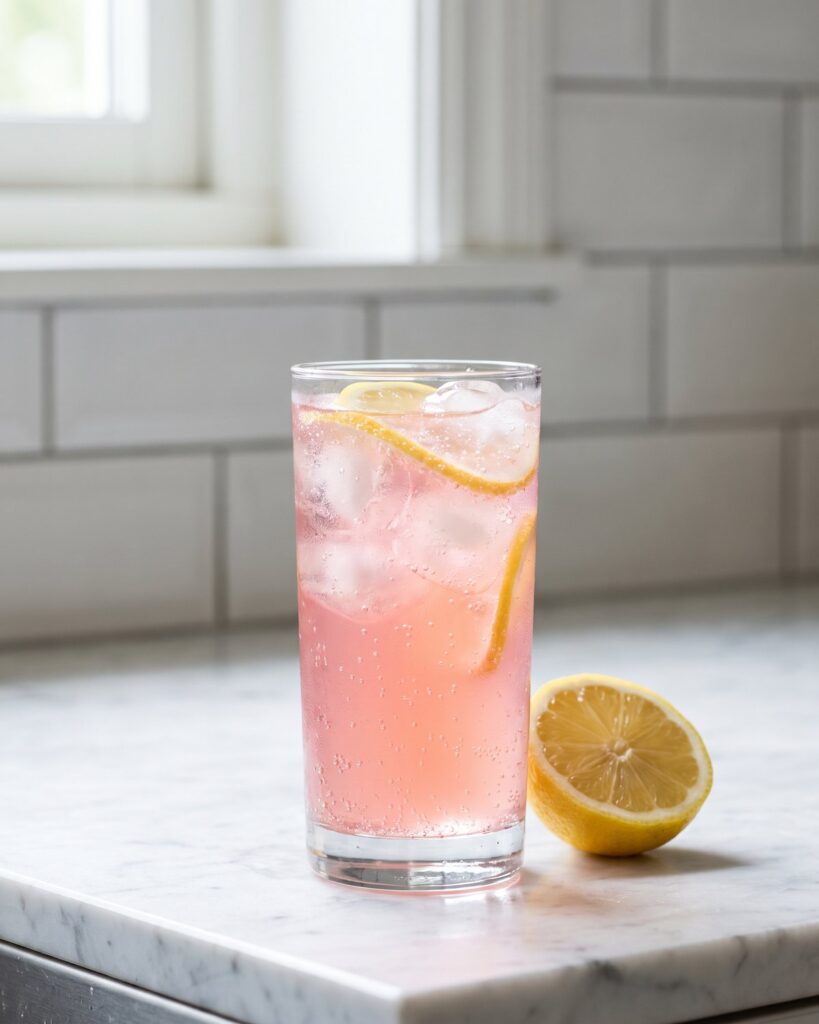 Glas rosa pink lemonade med is och citronskivor, med en halv citron bredvid